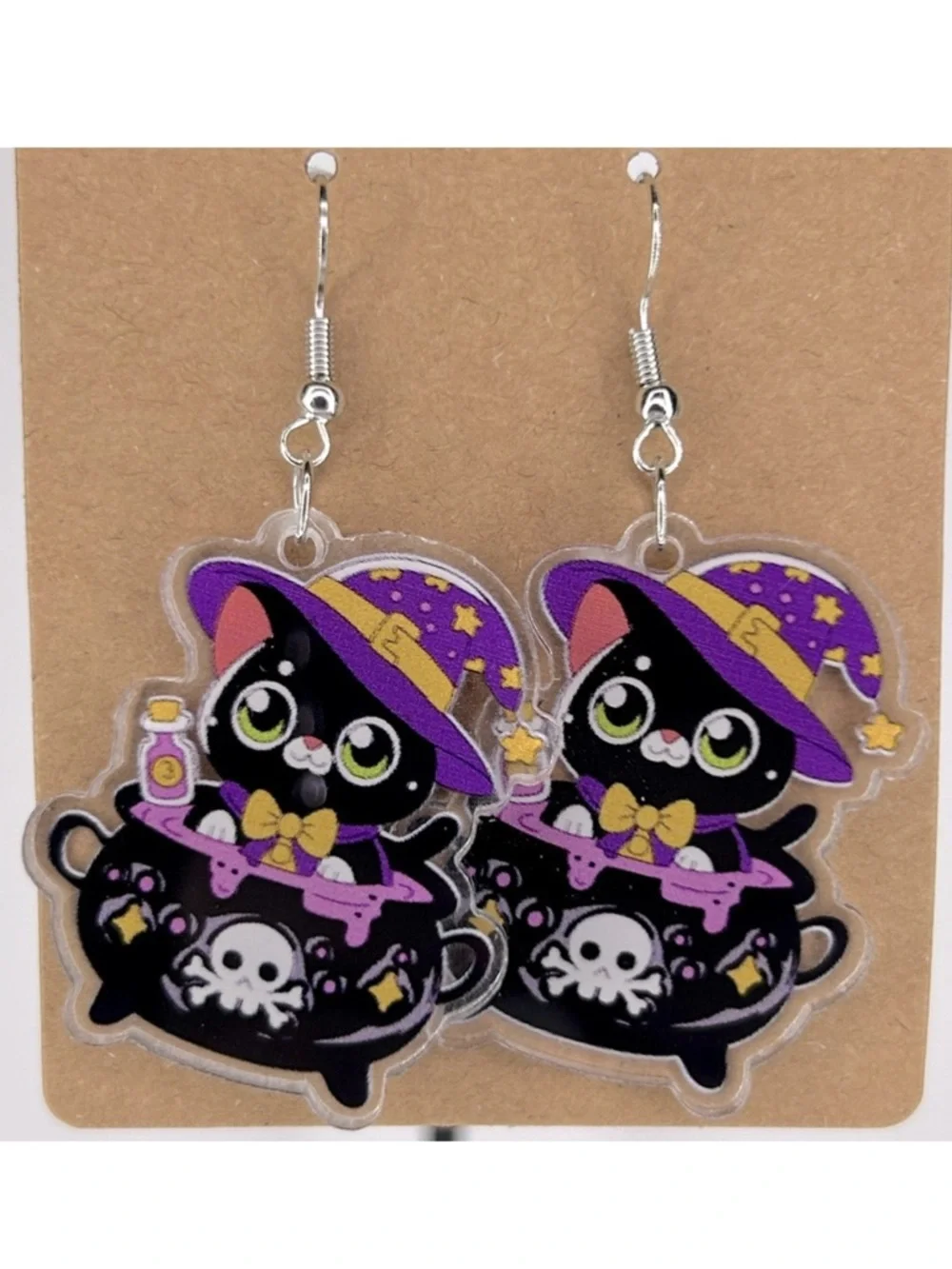 Witch Cat In A Cauldron Halloween Earrings 2D Acrylic Cartoon Fashion Jewelry